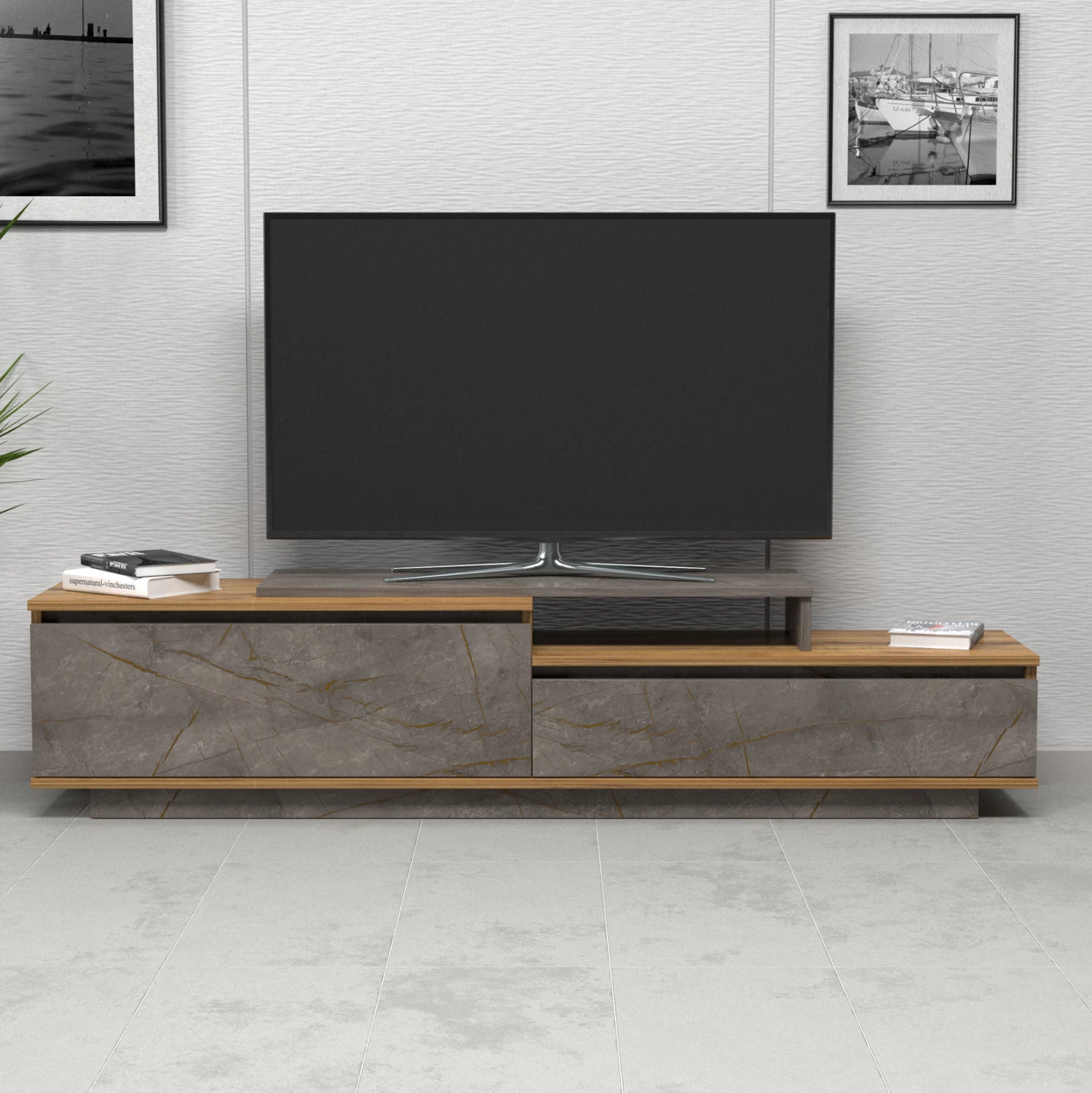 TV pohištvo LEIS FH18186 melamin v naravni in sivi marmorni barvi 180x35x42Hcm