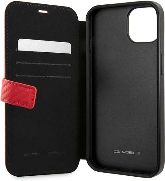 Zaščitni ovitek Ferrari On Track Carbon Stripe za iPhone 13 mini, rdeč, z zapenjanjem
