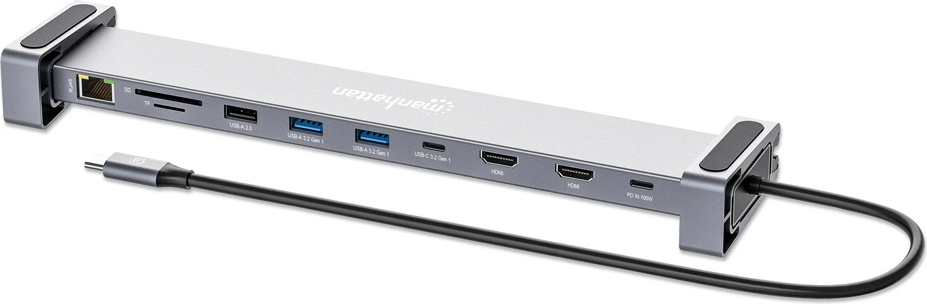 Docking postaja 10-v-1 4K USB-C PD MANHATTAN, 2xHDMI, siva