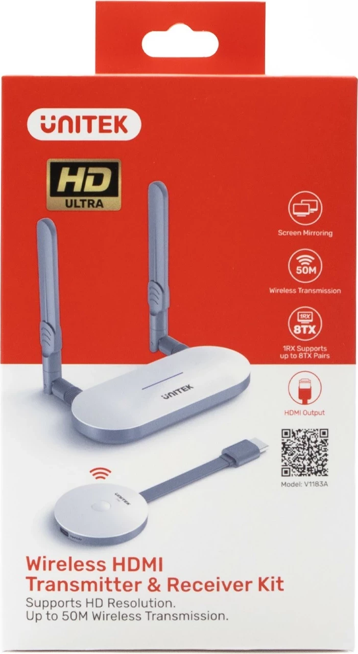 Brezžični HDMI oddajnik in sprejemnik Unitek, podaljšek do 50 m, bel