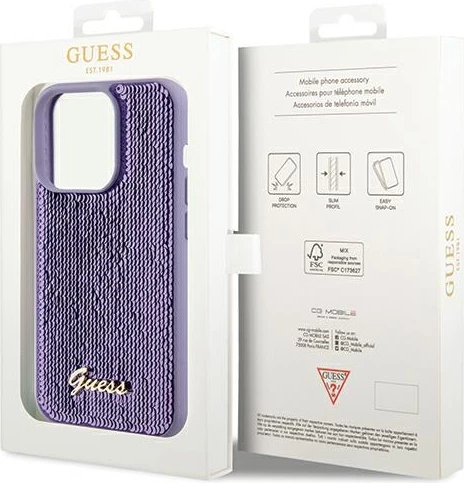 Ovitek za telefon z bleščicami Guess Sequin Script Metal za iPhone 14 Pro Max, vijoličen