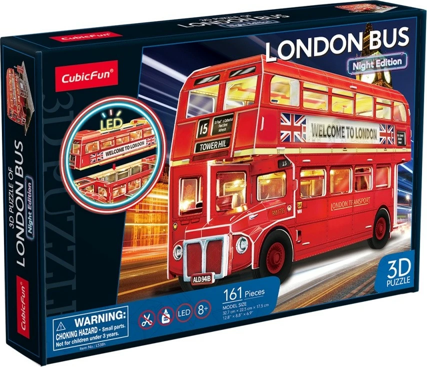3D sestavljanka z LED osvetlitvijo London Bus, Cubic Fun, 161 delov, rdeča