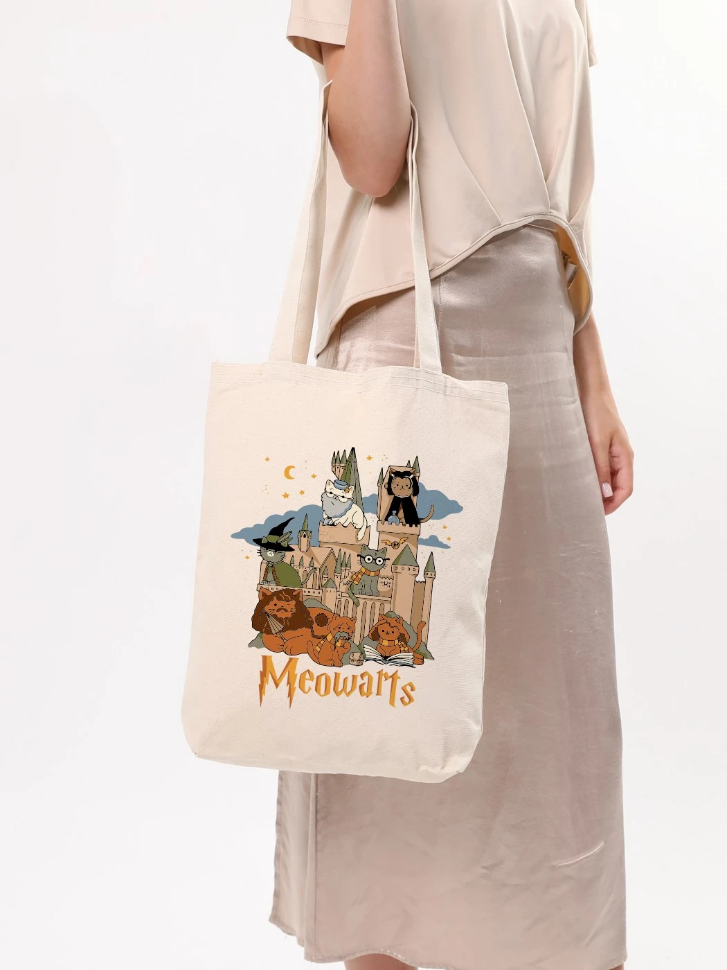 Tote torba Meowarts Pauldavis, krem, 35x40x8 cm
