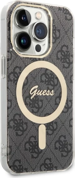 Trd ovitek z brezžičnim polnilcem za iPhone 14 Pro 6,1", Guess GUBPP14LH4EACSK, 4G Print, črn