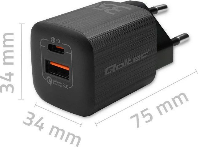 Stenski polnilec 35 W, 1x USB Type-C PD, 1x USB, črn, Qoltec 50764