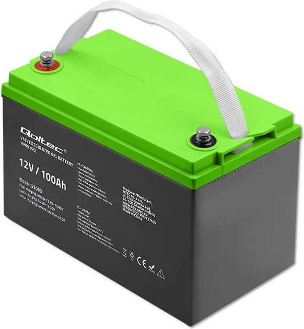 Gel baterija 100Ah 12V Qoltec, model 53080, črna z zelenim pokrovom