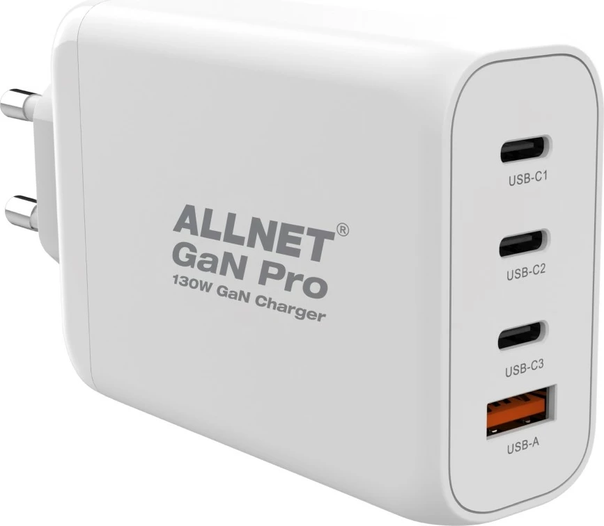 Močnejši polnilec 130W, ALLNET GaN, 1x USB Typ-A QC, 3x USB Typ-C, bel