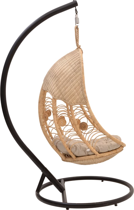 Viseča gugalnica rattan, Labreone, naravna barva - črn metal - bež blazina, 82x82x200 cm