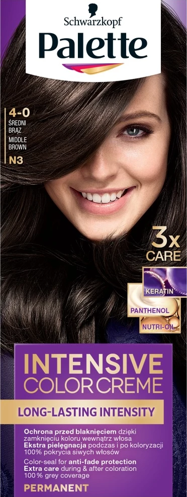 Barva za lase za ženske Palette Intensive Color Creme 4-0 (N3), srednje rjava