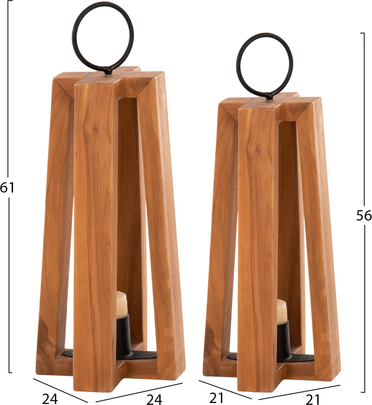 Lanterni za sveče z obročastimi ročaji FH4276 iz tikovine v naravni barvi 24x24x50-61H cm