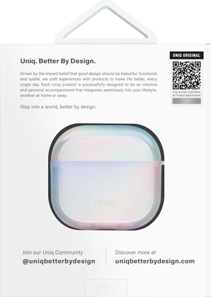 Holografski zaščitni ovoj za AirPods 4 UNIQ Iridescia, s karabino, Holo bela