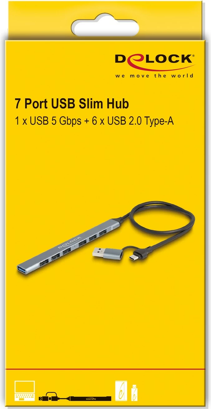Tanek USB razdelilec 7 vrat, Type-C/Type-A, 5 Gbps, kovinski, siv — DeLOCK