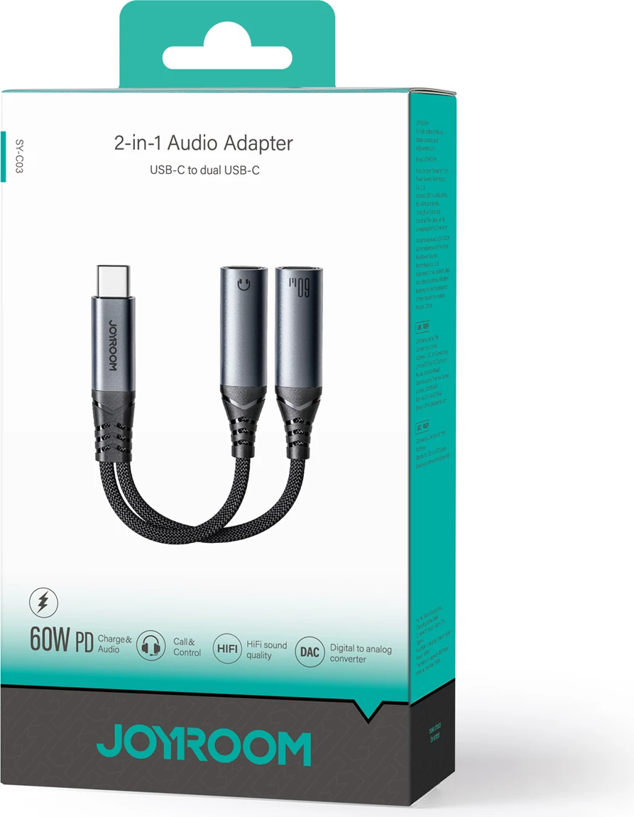 Adapter USB-C v 2x USB-C, DAC, 60 W, črn Joyroom SY-C03