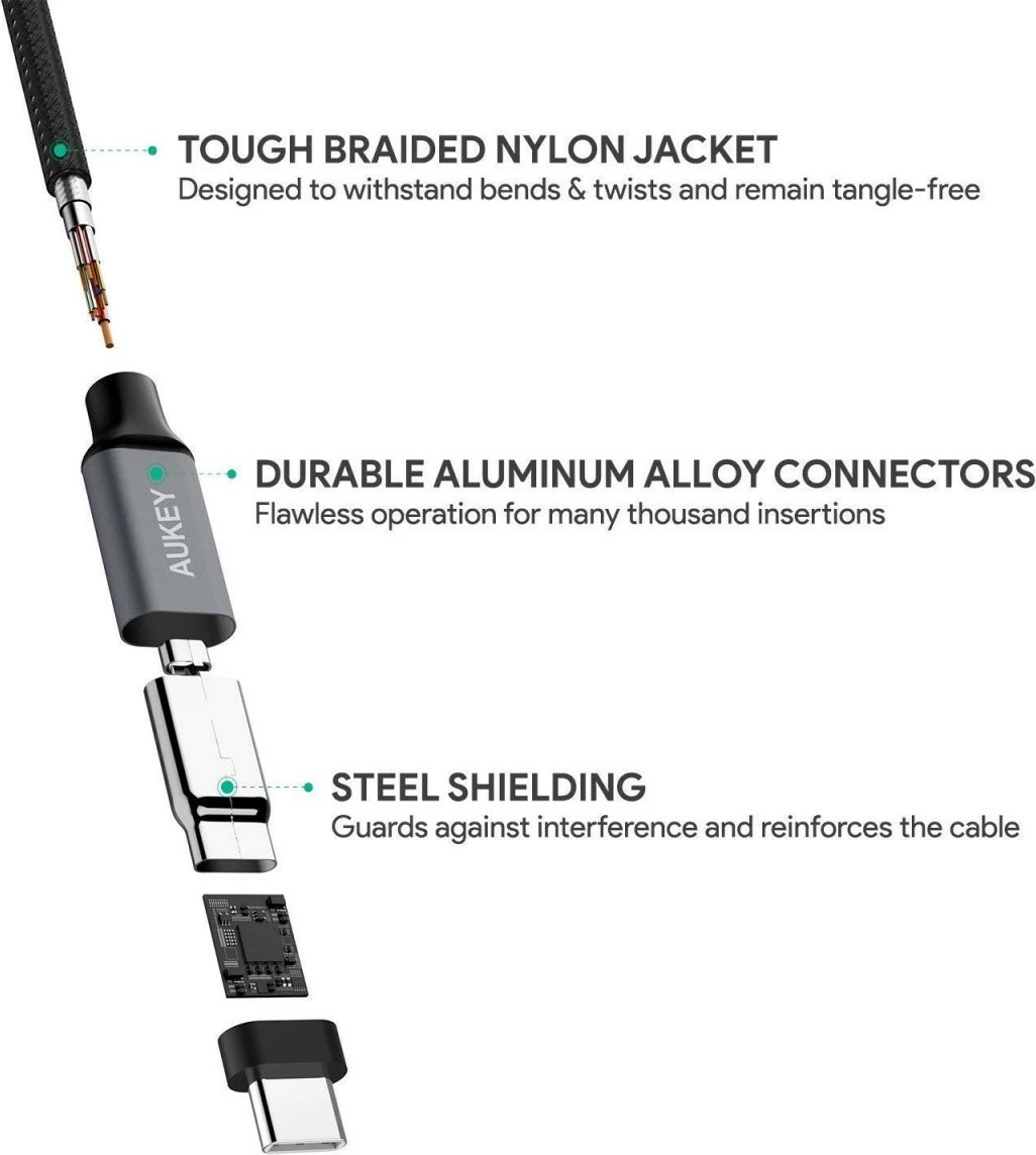 Kabel USB Type-C 2 m, 60W, najlon, črno/siv — AUKEY CB-CD6