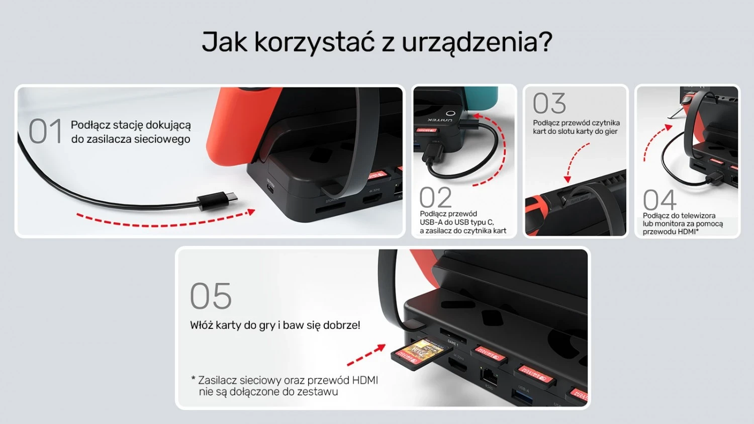 Stojalo za Nintendo Switch Unitek, 100W 4K, črno