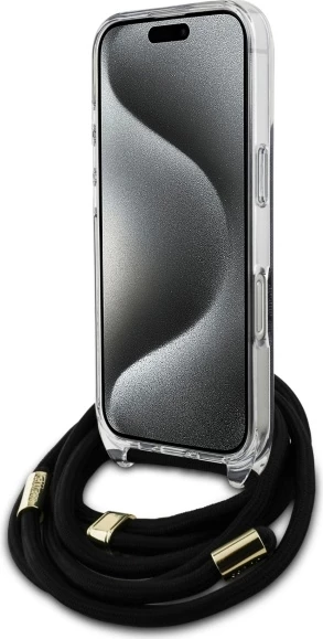 Elegantna zaščitna prevleka z crossbody trakom Guess Crossbody Cord 4G Print za iPhone 16 Pro Max, črna