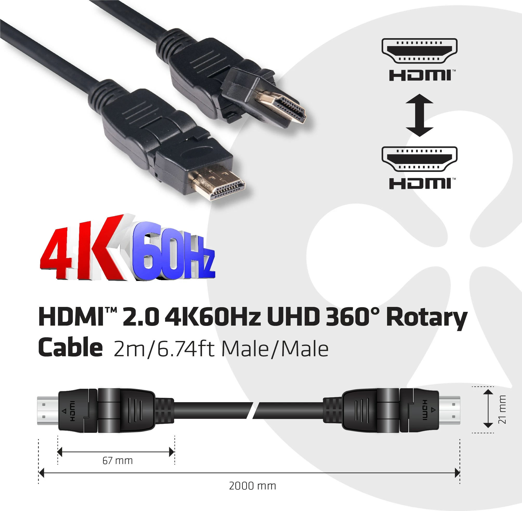 HDMI kabel Club3D 2.0, 2 m, vrtljiv, črn