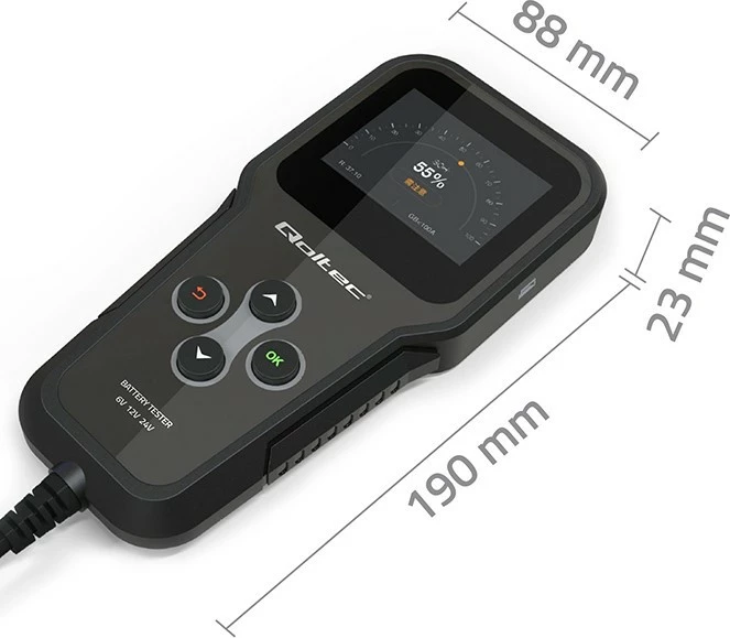 Tester akumulatorjev Qoltec 3-v-1, model 52489, LCD, 6V/12V/24V, črn, z etuijem