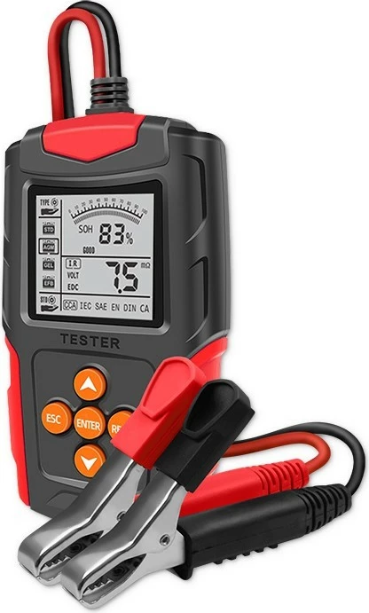 Digitalni tester baterij Qoltec 52484, LCD, 12V/24V, 3Ah–200Ah, črno/rdeč