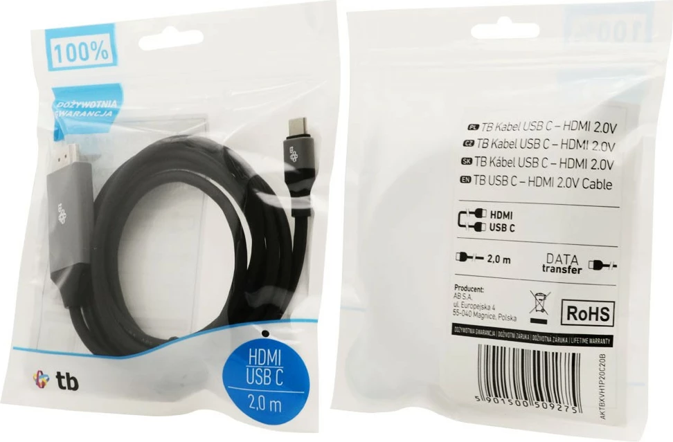 Kabel HDMI 2.0V na USB Type-C, 2 m, črn, TB