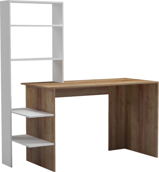 Delovna miza Bivoro z regalom, hrast-bela, 146x55x129 cm