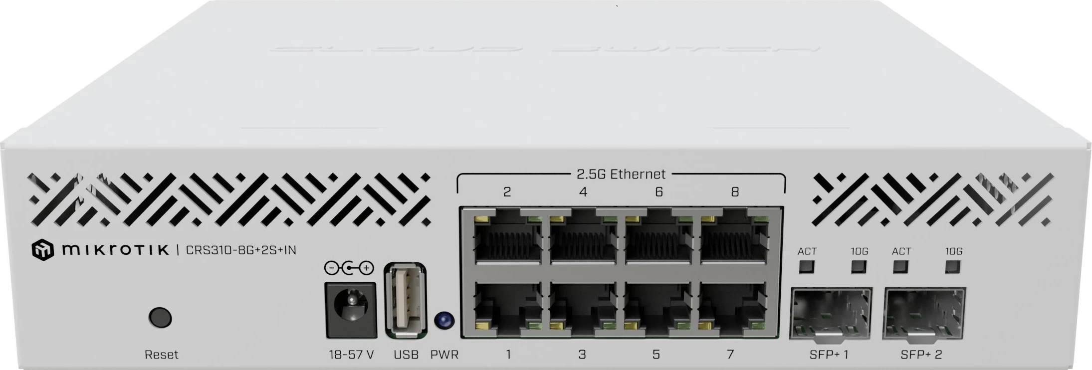 Stikalnik MikroTik CRS310-8G+2S+IN, L3, upravljan, 2,5G Ethernet, PoE, montaža v rack, 1U, bel