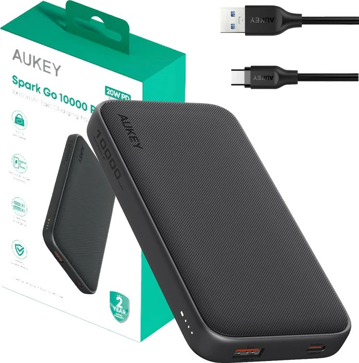 Powerbank AUKEY PB-Y46P Spark Go, 10000 mAh, 22,5 W, 2×USB, USB-C kabel, črn