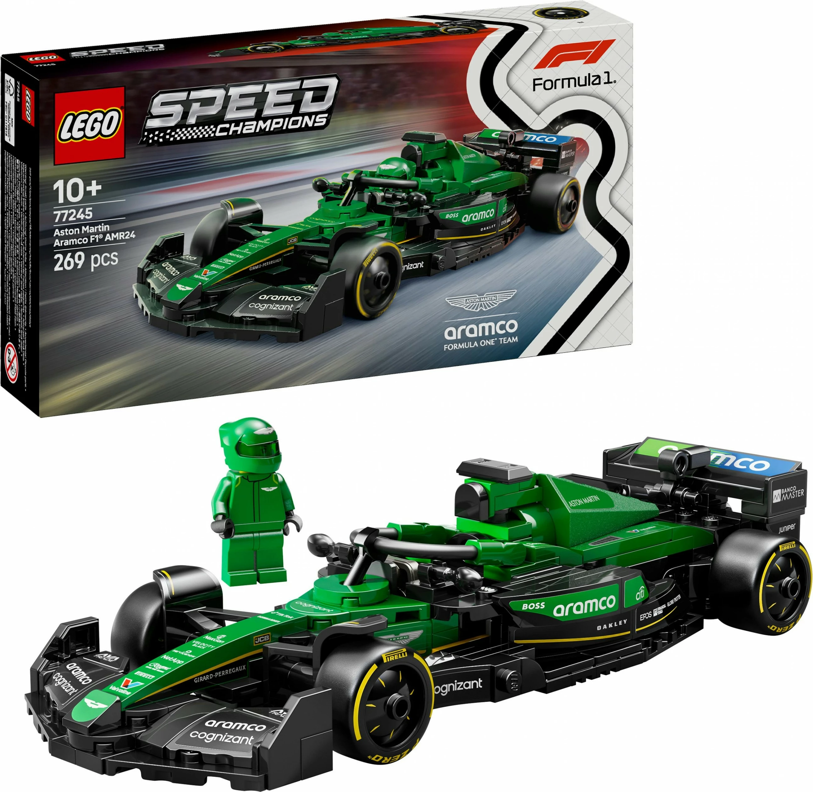 Model dirkalnega avtomobila Aston Martin Aramco F1 AMR24, komplet LEGO, 269 kosov, večbarven