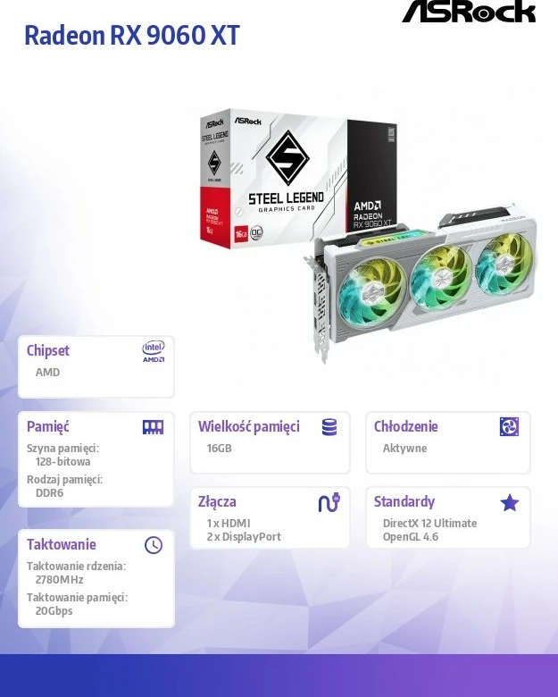 Grafična kartica ASRock Radeon RX 9060 XT Steel Legend, 16GB GDDR6 128-bit, PCIe 5.0, 1x HDMI + 2x DisplayPort