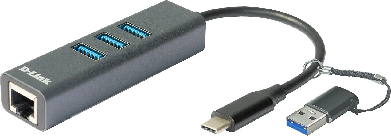 Gigabit Ethernet adapter z USB razširitvijo D-Link DUB-2332, USB-C/USB, 3 x USB 3.0, sivo