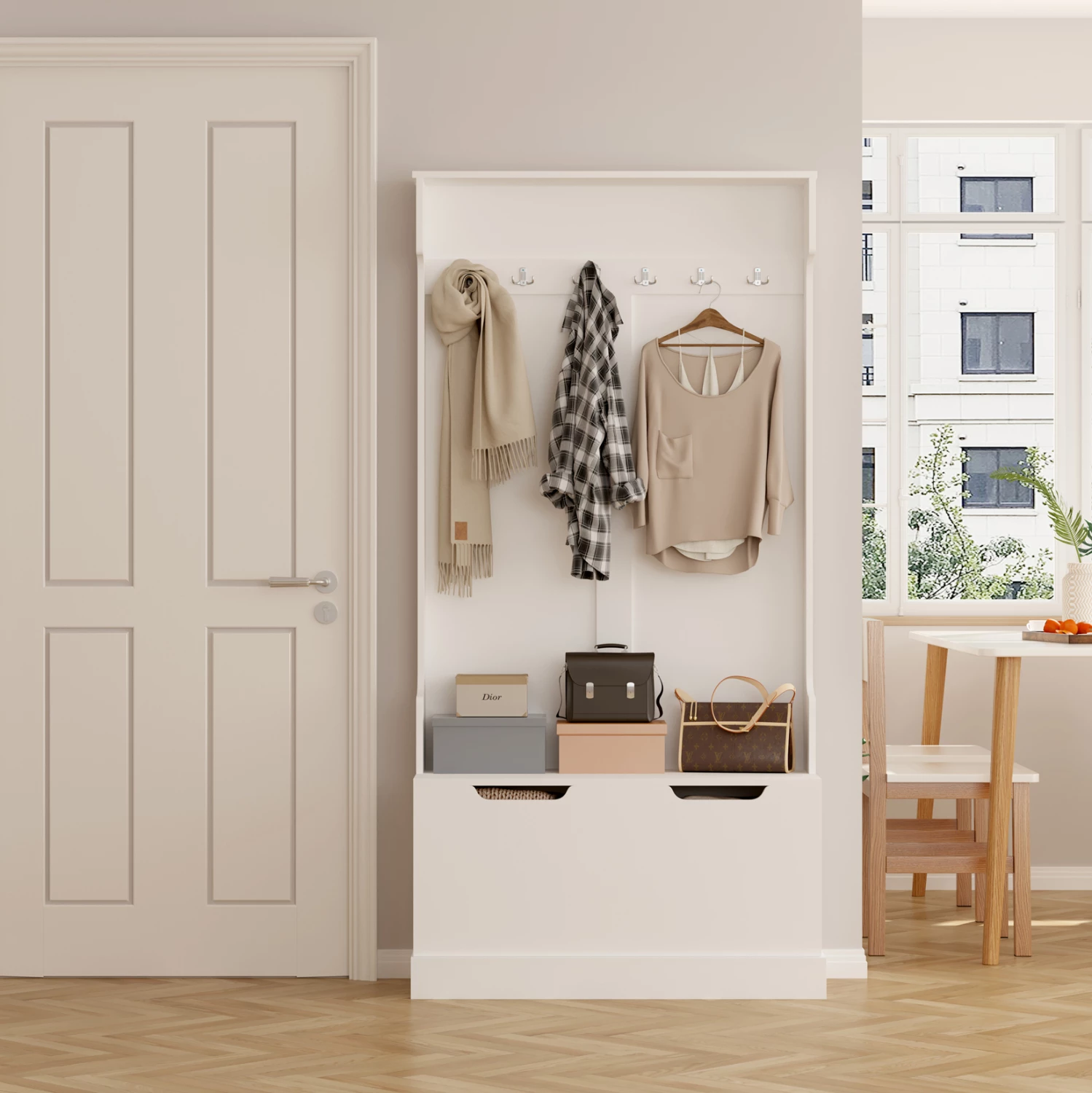 Pohištvo za predsobo KAYLOR FH2475.03 s kavlji in shranjevalnim prostorom-MDF v beli barvi 93x34x180H cm