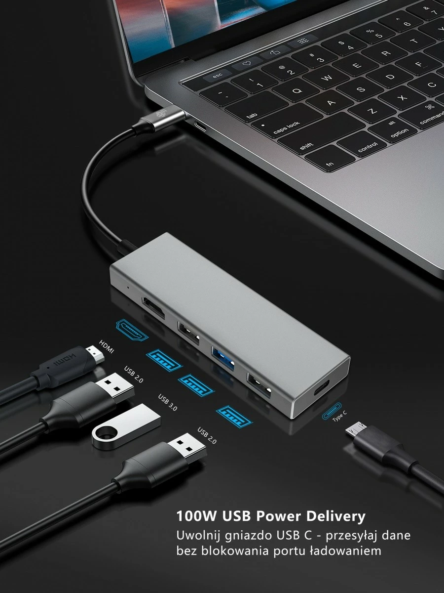 HUB adapter USB-C 7-v-1, HDMI, USB 3.0/2.0, SD/TF, grafit TB