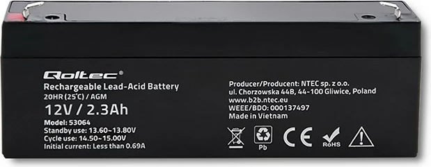Baterija AGM Qoltec 53064, 12V, 2,3Ah, črna