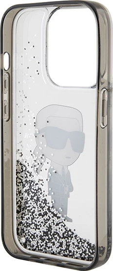 Ovitek za telefon Ikonični tekoči bleščice za iPhone 15 Pro, prozoren, Karl Lagerfeld