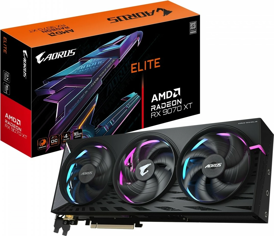 Grafična kartica Radeon RX 9070 XT AORUS ELITE Gigabyte, 16 GB GDDR6, 256-bit, 3 ventilatorji, črna