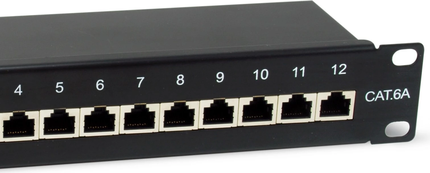Mrežni panel, 12 priključkov RJ-45, Cat6a, 10GBase-T, 1U, Equip 326623, črn