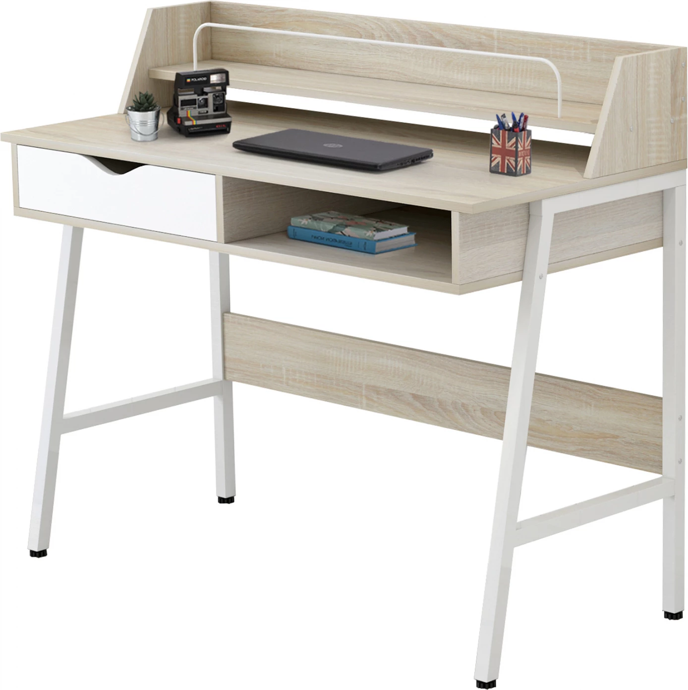 Pisarnaška miza FH2129.01 iz melamina v sonoma in beli barvi z belim kovinskim okvirjem 104Χ48Χ89Hcm