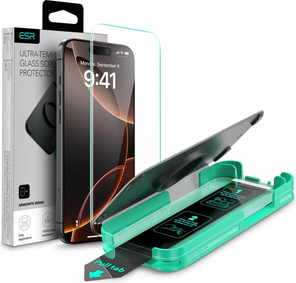 Zaščitno steklo ESR Armorite z montažnim okvirjem, za iPhone 15/14/13, prozorno