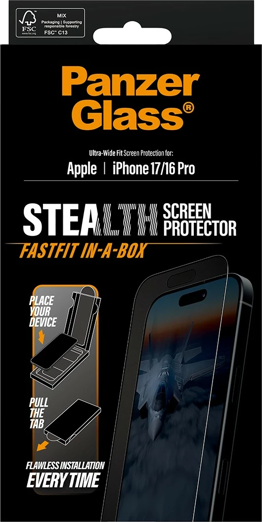 Zaščita zaslona PanzerGlass Stealth za iPhone 17 in iPhone 16 Pro, Ultra-Wide Fit, črn okvir