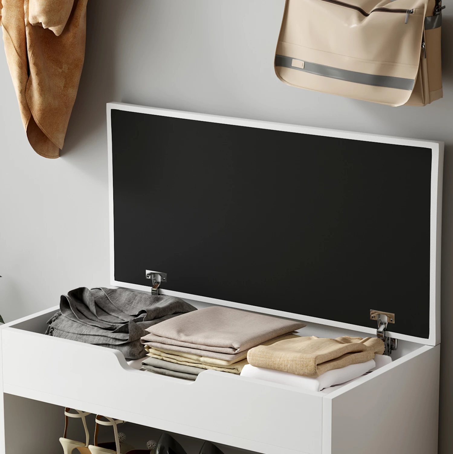 Stojalo za čevlje z sedežem ROMIR FH2477.03 melamin v beli barvi-beli PU sedež 60x30x44Hcm