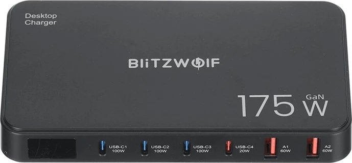 Polnilna postaja 6-v-1 Blitzwolf BW-S30, 4x USB-C + 2x USB-A, 175 W, črna