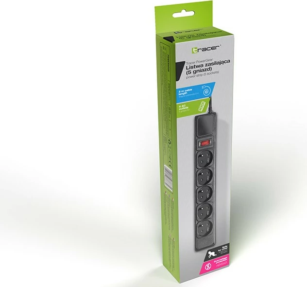 Podaljšek Tracer PowerGear, 3 m, 5 vtičnic, črn