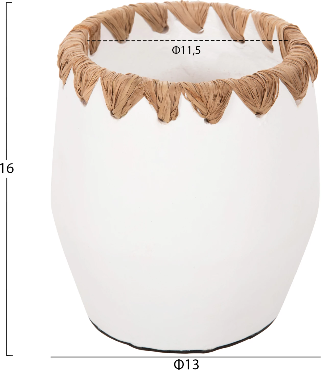 Dekorativna vaza FH4369 iz terakote v beli barvi s slamnato pletenino na robu Φ13x16Hcm