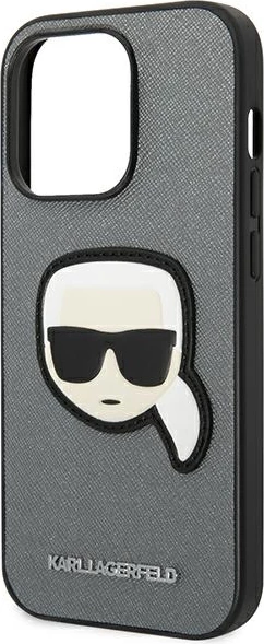Ovitek za iPhone 14 Pro 6,1" Saffiano Karl's Head Patch, Karl Lagerfeld KLHCP14LSAPKHG, srebrn