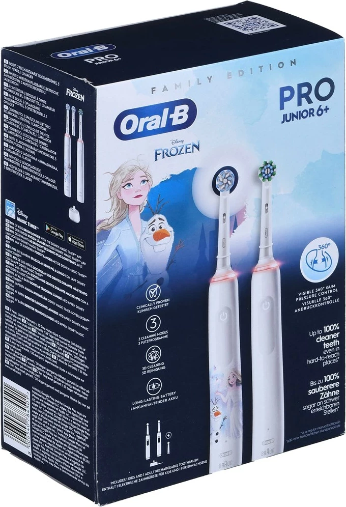 Električne zobne ščetke za odrasle in otroke Braun Oral-B Pro 3 3000 White + Oral-B Junior Frozen 6+, 2 kosa, bela