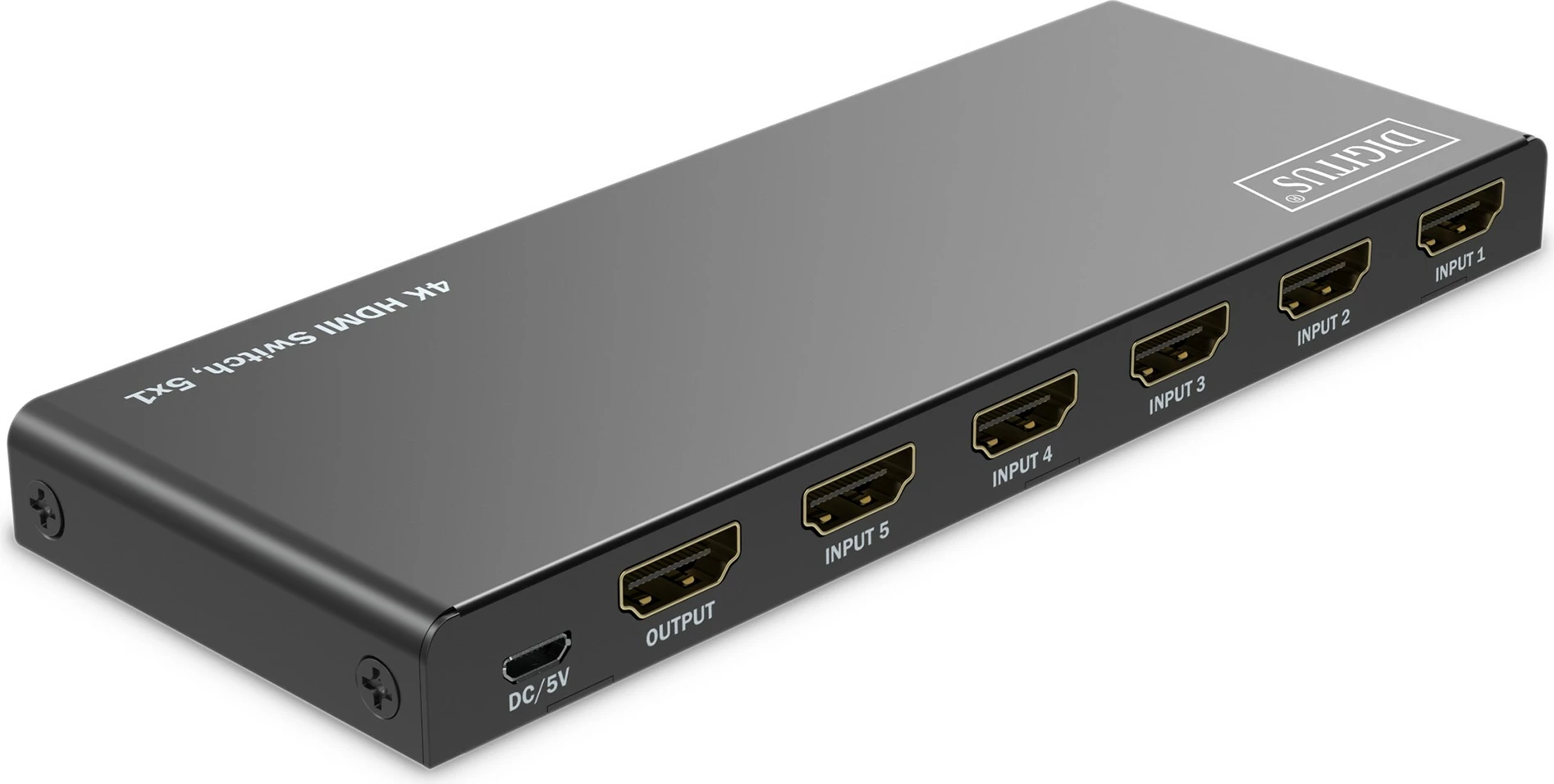 HDMI stikalo Digitus 4K, 5 v 1, HDMI, Micro‑USB, kovinsko, črno
