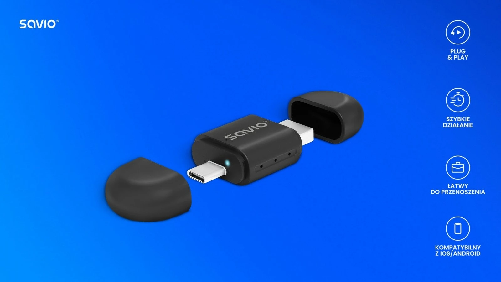 Brezžični adapter za CarPlay in Android Auto Savio TR-17, črn