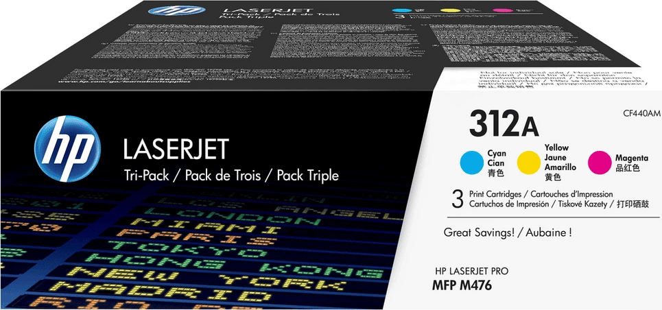 Toner kartuša HP 312A (CF440AM), zmogljivost 2700 strani, trojni paket, cijan magenta rumena