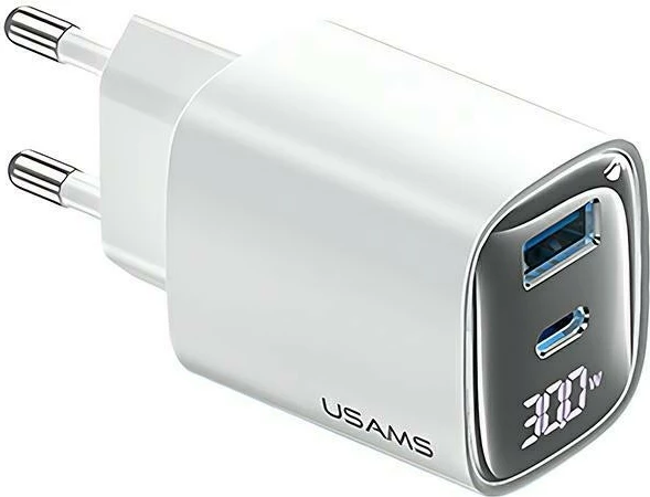 Omrežni polnilec, 30W, GaN, 1x USB, 1x USB-C, z digitalnim zaslonom, USAMS CC229, bel