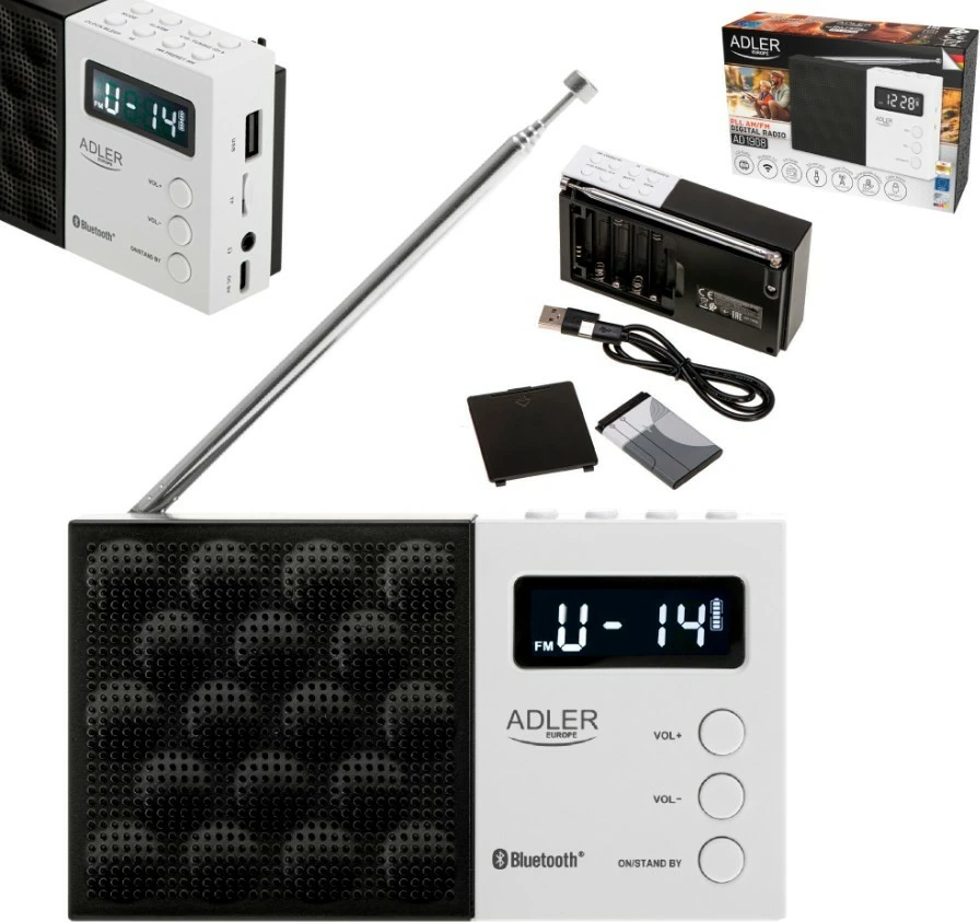 Digitalni PLL radio Adler AD1908 z Bluetoothom, USB/SD, črn/bel